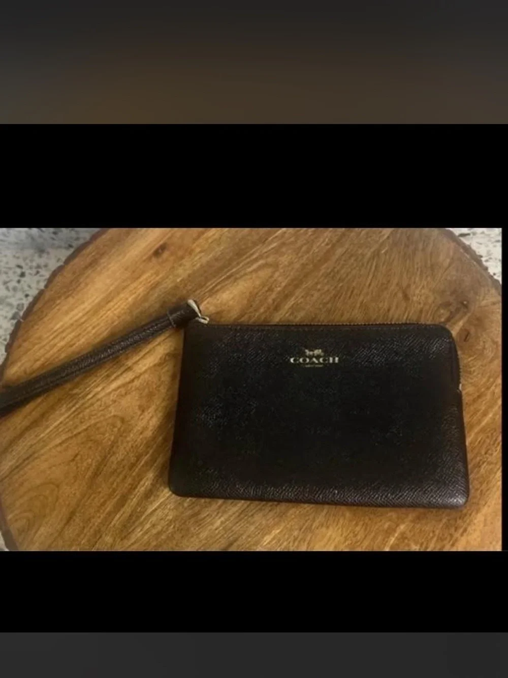 COACH Black Leather Wristlet with Gold Logo